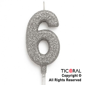 VELA NUMERAL CHICO 5.5 CM CON GIBRE PLATA NUMERO 6 x 1